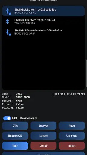 Shelly BLE Debug screenshot