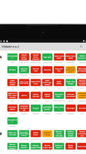 Low FODMAP diet A to Z foods screenshot